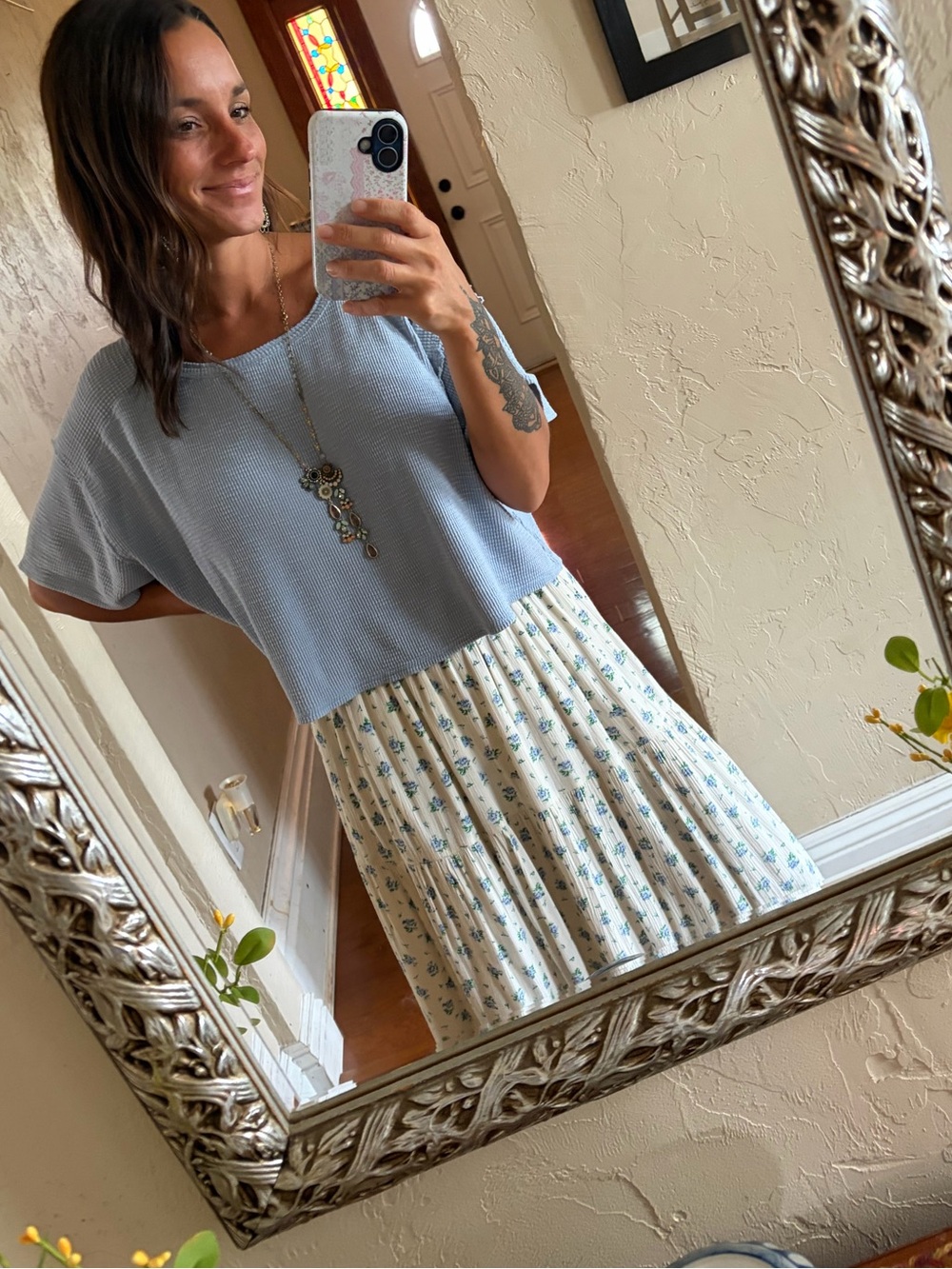 aerie Cream Maxi Skirt with Blue Floral Print